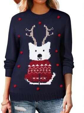 NWT Sz Med Navy Holiday Reindeer Dog Knit Sweater